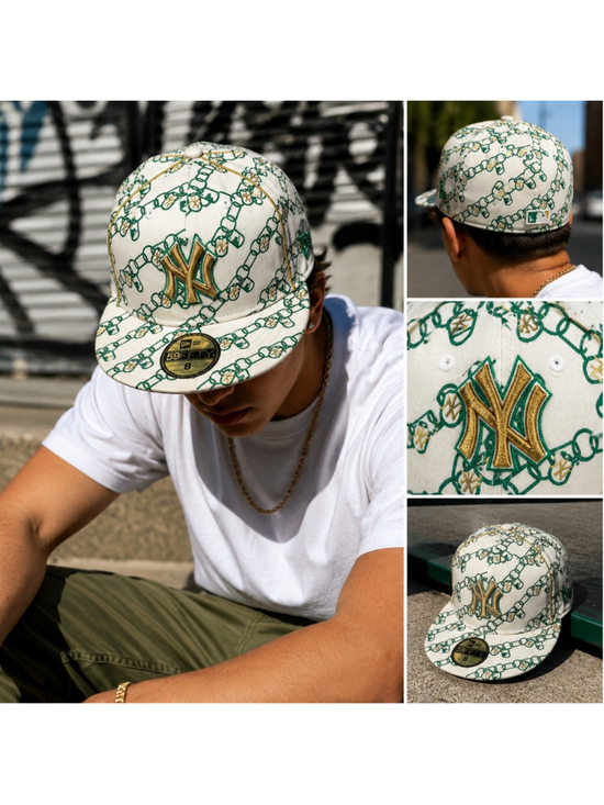 New Era Other - New Era 59FIFTY New York Yankees Chain Print Fitted Hat Size 8 Green Gold MLB